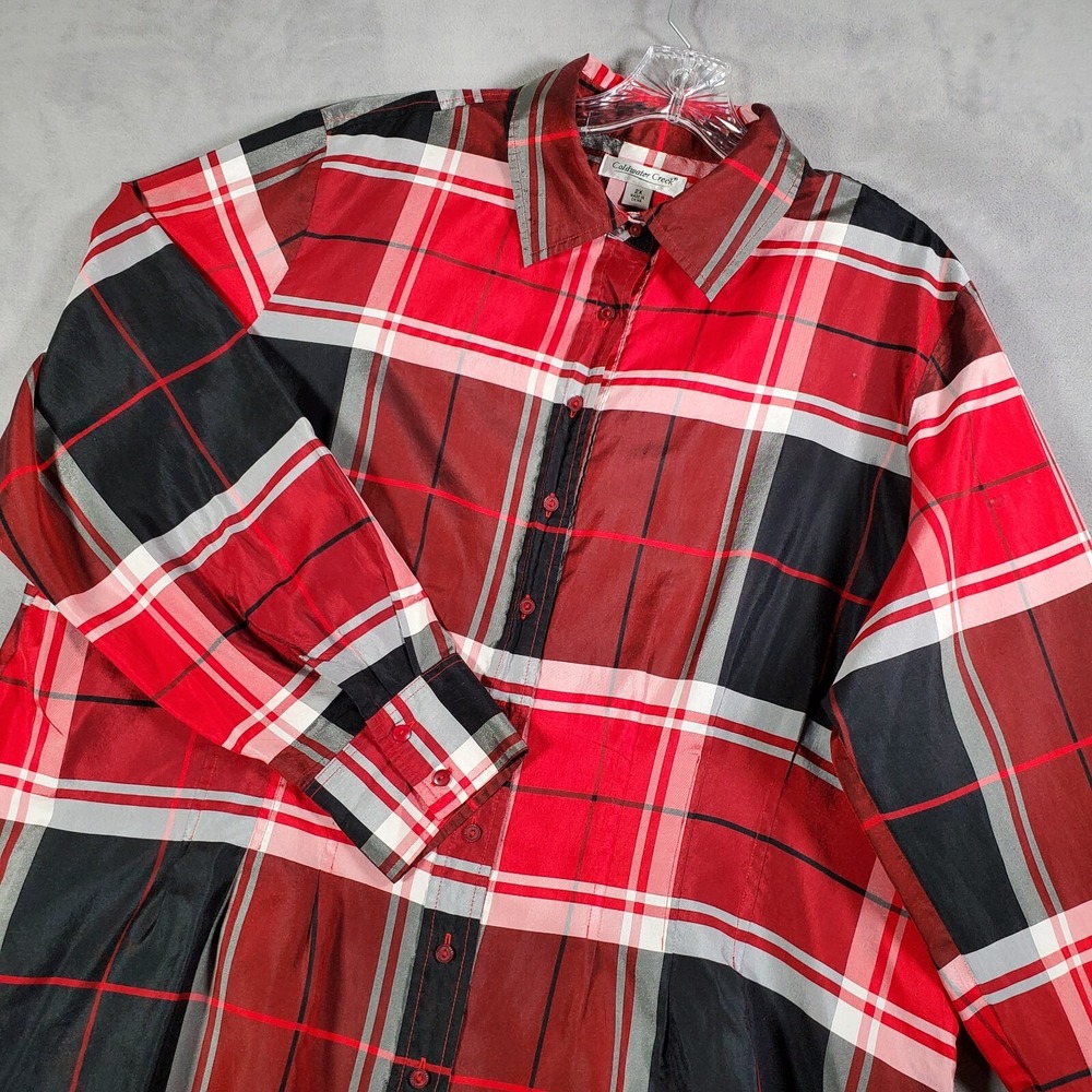 Coldwater Creek Top Womens 2X Red Black Plaid‎ Linen Blend Button Cottage Cabin